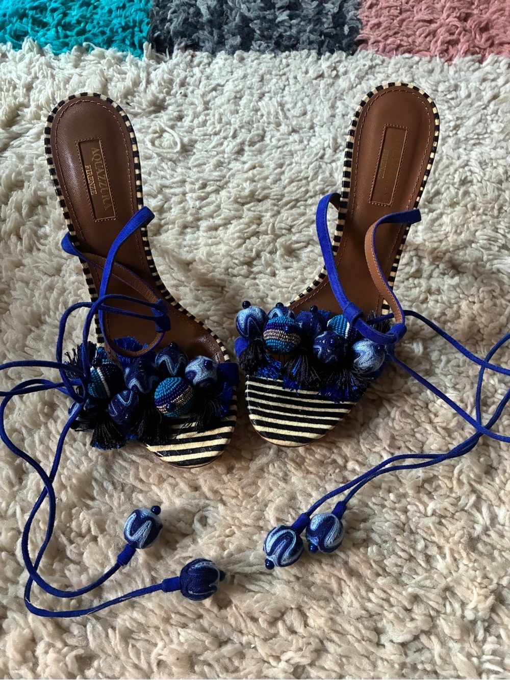 Aquazzura Blue Pom-Pom Lace-Up Heeled Sandals